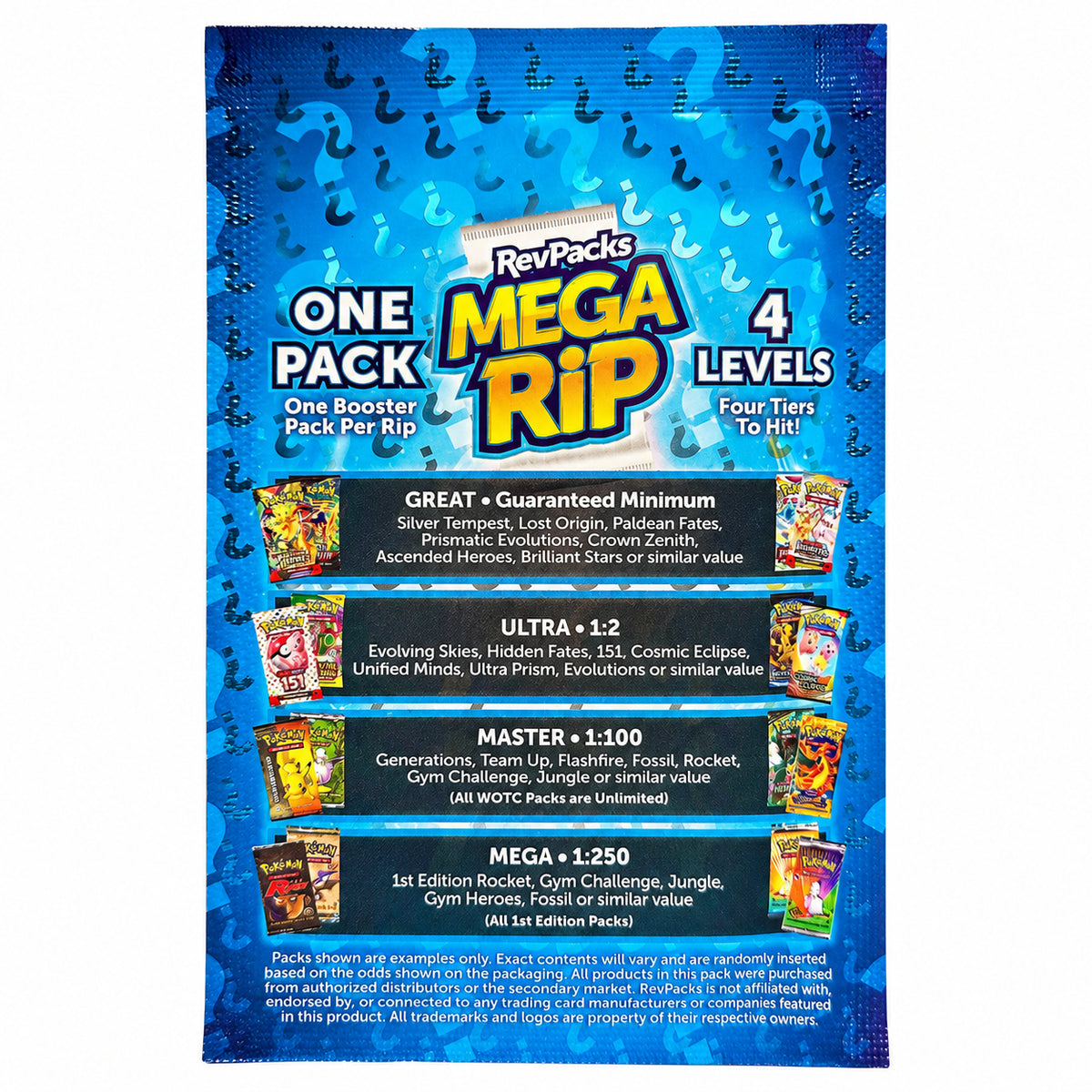 RevPacks Mega Rip – baksiden av pakken med innholdsnivåer, på hvit bakgrunn