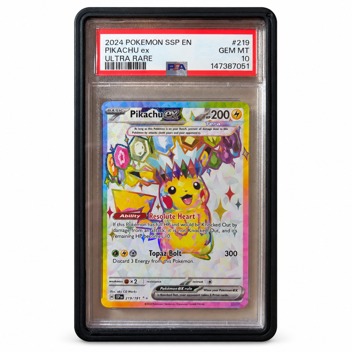 Pikachu ex 219/191 – Surging Sparks – PSA 10 – forside med ryddet bakgrunn