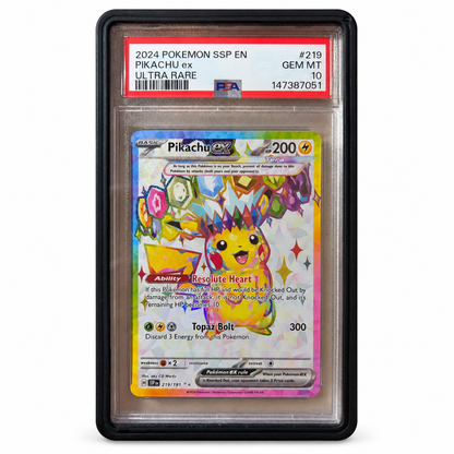 Pikachu ex 219/191 – Surging Sparks – PSA 10 – forside med ryddet bakgrunn
